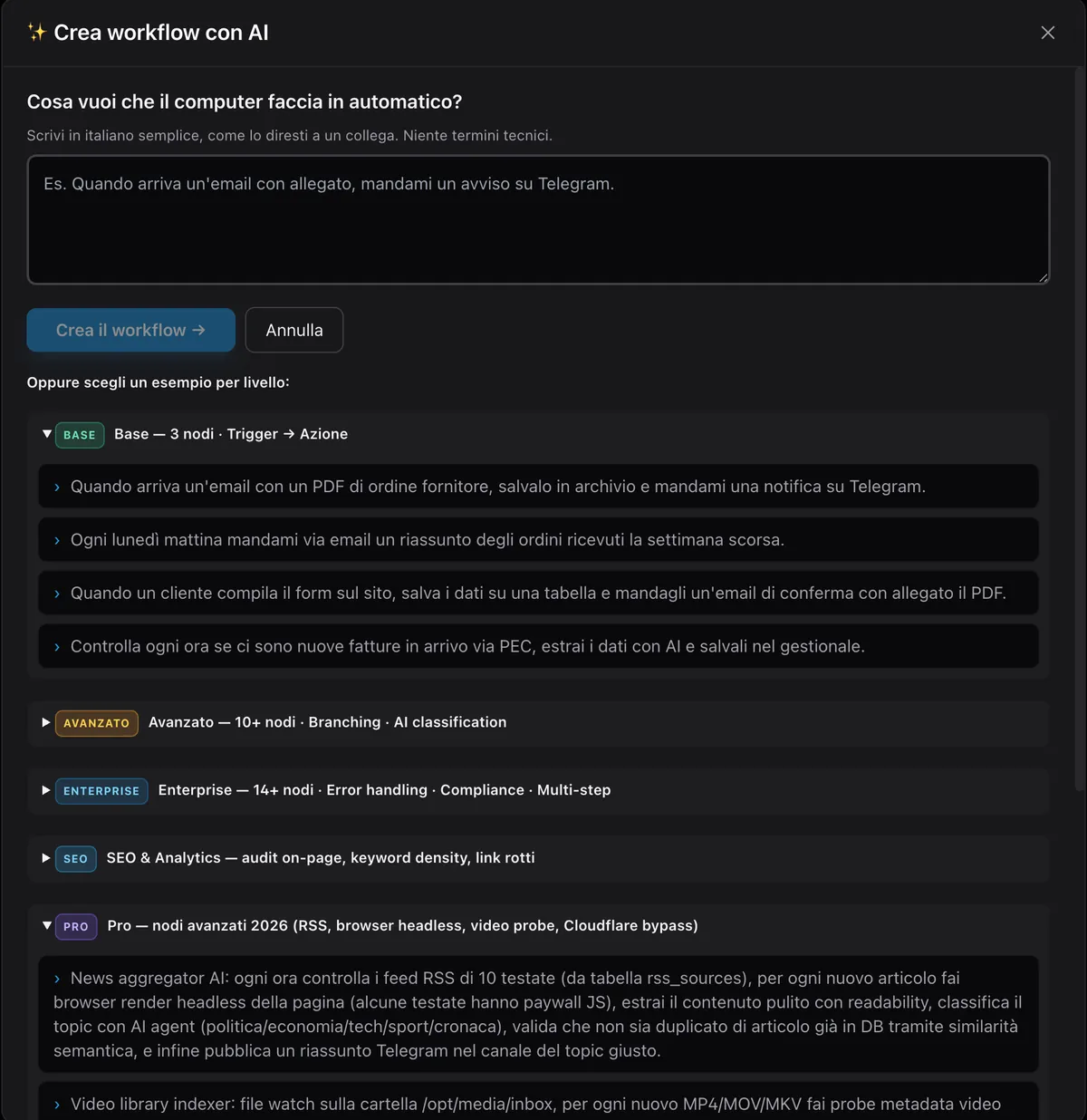 AI Scaffold Wizard FlowForge: descrivi cosa vuoi in italiano e l'AI Liara genera il workflow completo