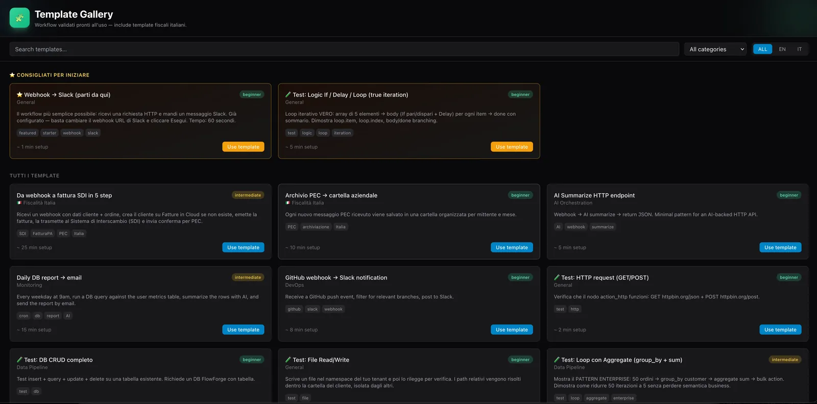 Template gallery — 15+ pre-built workflows (Italian SDI/PEC, AI summarize, loop aggregate)